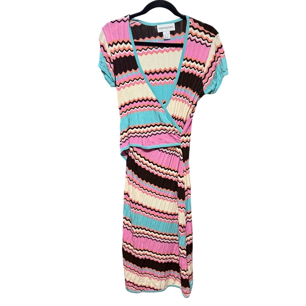 Bloomingdales Pink Turquoise Chevron Zigzag Knit Wrap Midi Dress Vintage Med